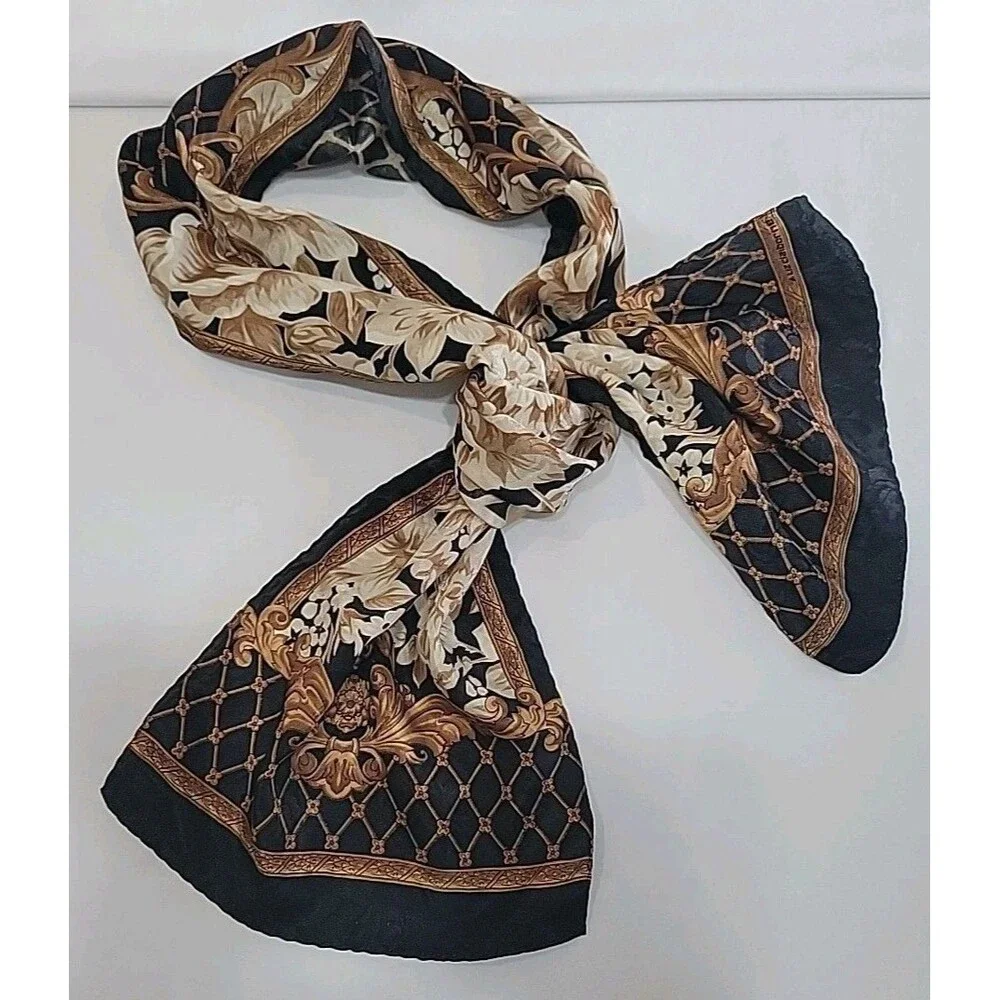 Vintage Liz Claiborne Silk Scarf Oblong Black Gold Baroque Floral Lattice Long